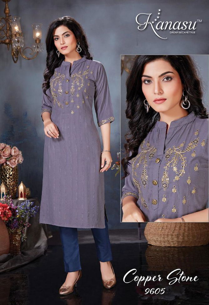 Kanasu Copper Stone Heavy Rayon Fancy Wear Kurti With Bottom Collection